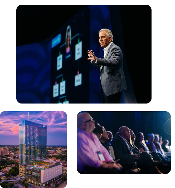 A collage featuring Mark McClain speaking, a photo of the venue, and more Navigate attendees being engaged